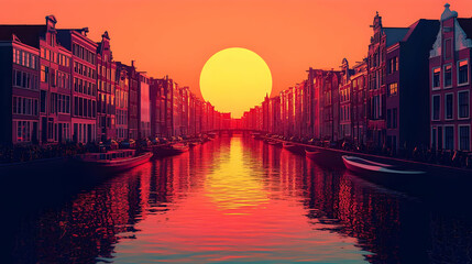 Sticker - Sunset over a tranquil canal lined with historic buildings.