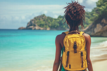 A woman with a yellow backpack is standing on a beach