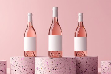 Three bottles of rose wine on a pink terrazzo surface.