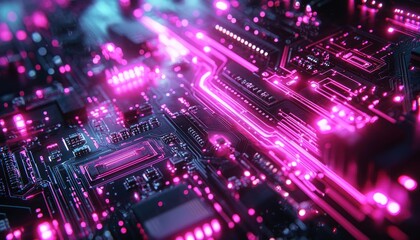 Aufkleber - Close-up of a Circuit Board with Glowing Pink Lines