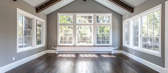 Large sunroom with white windows, gray walls, dark wood floors, window seat, beamed ceiling, home decor style.