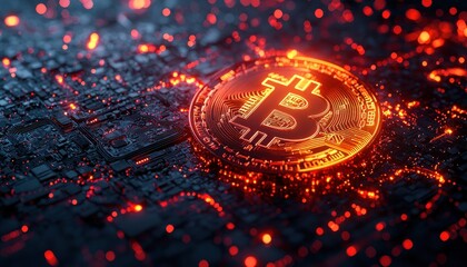Poster - Glowing Bitcoin Coin on a Circuit Board