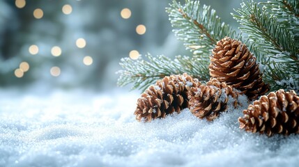 Poster - Pine Cones Resting on Snowy Ground with Blurred Lights in Background