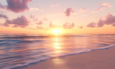 Aufkleber - A serene sunset over a calm ocean, with soft waves lapping at the sandy shore, creating a tranquil and picturesque scene.