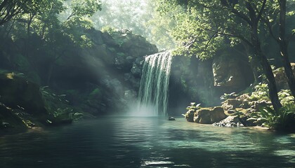 Poster - A tranquil waterfall cascades into a serene pool, surrounded by lush greenery and dappled sunlight filtering through the trees.