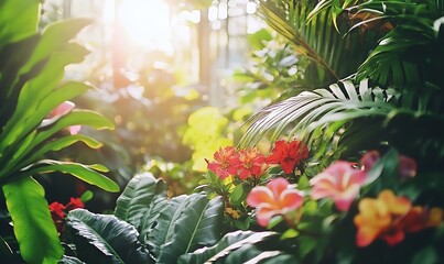 Poster - A vibrant garden scene filled with tropical plants and colorful flowers, illuminated by warm sunlight filtering through the foliage.