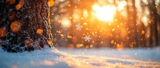 Poster - A Snow-Covered Tree Trunk Against a Sunlit Winter Forest