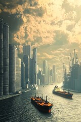 Show a port city skyline with ships in the harbor. Emphasize the economic activity surrounding shipping, Generative AI