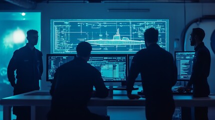 Poster - Four men in a control room with a large screen displaying a submarine blueprint.