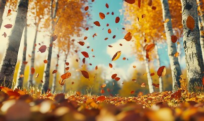 Poster - A serene autumn scene with golden leaves swirling through the air amidst tall trees, creating a picturesque and tranquil atmosphere.