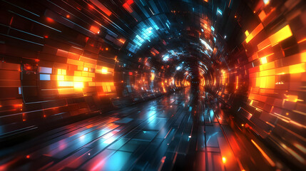 Sticker - A vibrant, futuristic tunnel with glowing lights and reflections.