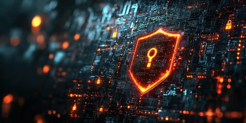 Poster - A glowing shield with a keyhole symbol on a circuit board background