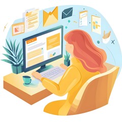 Poster - Woman Working on Computer at Desk  Business  Office  Work  Technology  Email  Data  Marketing