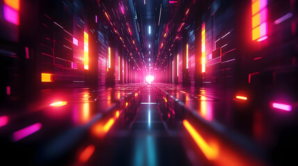 Sticker - Futuristic corridor with vibrant neon lights and reflections.