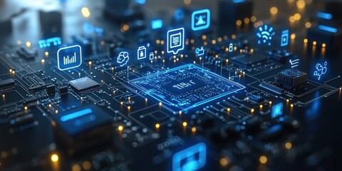 Poster - Circuit Board with Blue Glowing Icons and Digital Text
