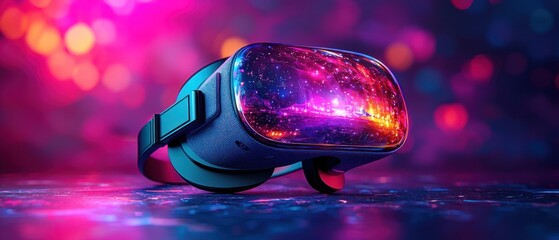 Poster - Virtual Reality Headset Displaying a Futuristic Cityscape