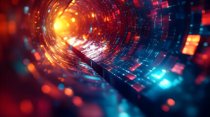 Poster - Abstract digital tunnel with vibrant lights and colors.