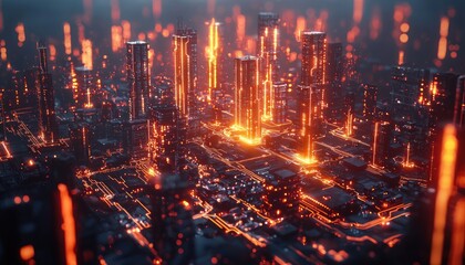 Poster - Futuristic Cityscape with Glowing Circuitry and Towers