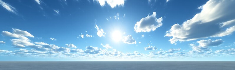 Aufkleber - A serene seascape featuring a bright sun illuminating a vibrant blue sky adorned with fluffy clouds over tranquil waters.