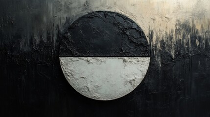 Poster - The circular artwork features a divided black and white surface, highlighting a mix of textures, set against a dark, rough backdrop that enhances its modern aesthetic.