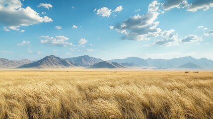 Poster - A serene landscape featuring golden fields under a blue sky with scattered clouds and distant mountains in the background.