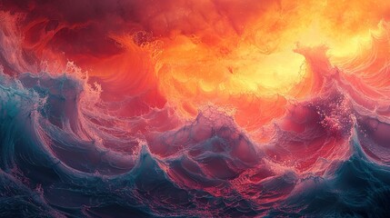 Wall Mural - abstract ocean wave with fire sky - digital art