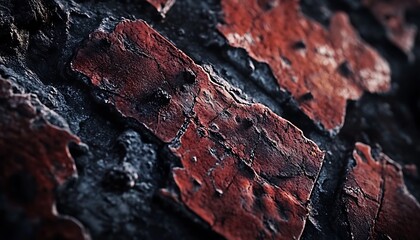 Aufkleber - A close-up of weathered bricks with peeling red paint, showcasing texture, aging, and detail in a rustic or industrial setting.