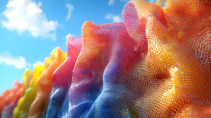 Poster - Colorful abstract wave-like structure against a blue sky.