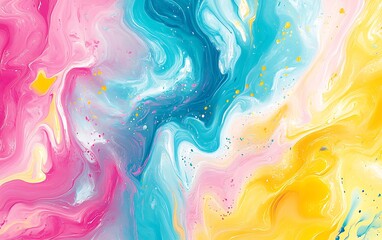 Leinwandbilder - A vibrant, abstract swirl of pink, blue, and yellow colors merging beautifully, creating a dynamic and uplifting visual experience.
