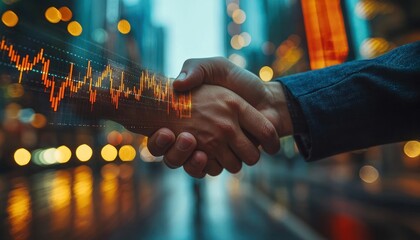 Poster - Handshake with a Stock Market Overlay in a City at Night