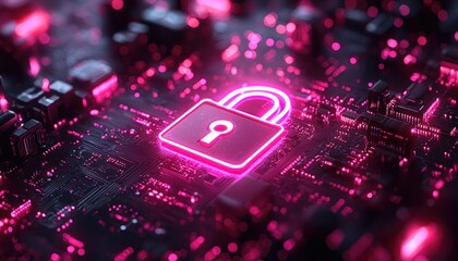 Poster - Pink Neon Lock Symbol on Circuit Board