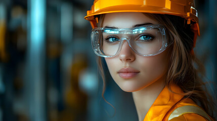 Canvas Print - Young woman in safety gear, focused on industrial environment.