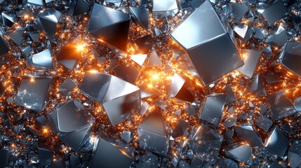 Poster - A collection of shiny metallic cubes reflects warm light against a dark background, forming an intriguing, abstract composition with glowing highlights.