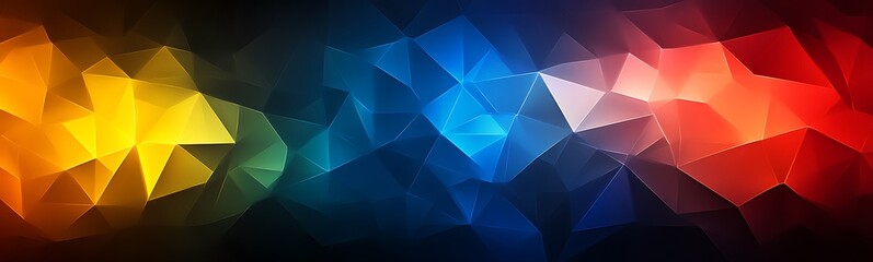 Fototapete - A vibrant abstract background featuring geometric shapes in rainbow colors, blending seamlessly from yellow to red and blue against a dark backdrop.