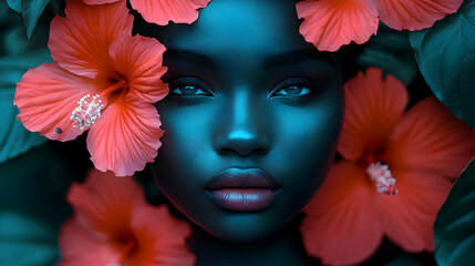 Poster - A portrait of a person surrounded by vibrant hibiscus flowers.