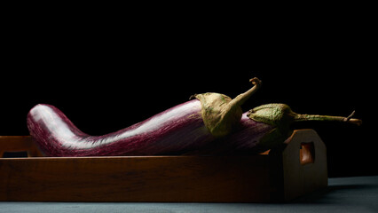 Wall Mural - fresh eggplant or aubergine on wooden tray black background, dark purple glossy skin with striped vegetable brinjal on table top, soft focus with dramatic lighting