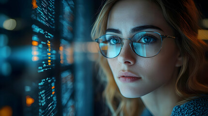 Sticker - A close-up of a young woman with glasses, focused on digital data.