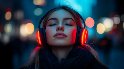 Poster - A young woman enjoying music with headphones in a vibrant cityscape.