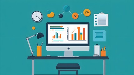 Poster - Modern Office Workspace with Desktop Computer and Data Analysis Charts