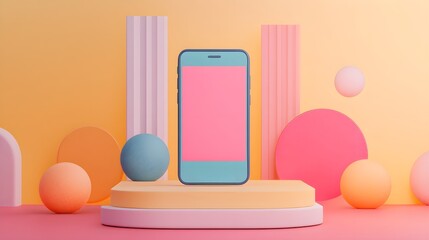 Poster - Smartphone Mockup with Abstract Geometric Shapes and Pastel Colors