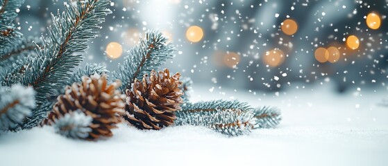 Poster - Pine Cones and Evergreen Branches in Snowy Winter Scene with Blurry Lights