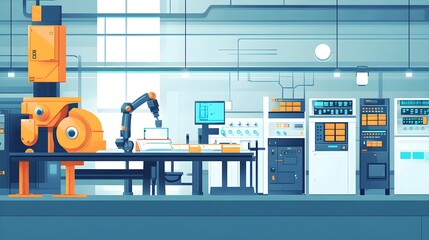 Poster - Modern Automated Factory Production Line with Robotic Arm and Machinery
