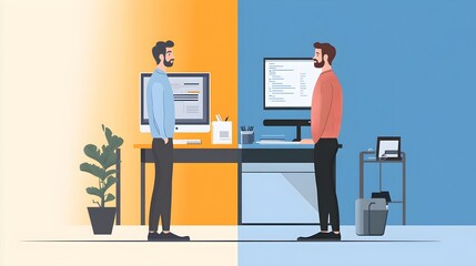 Poster - Two Businessmen Talking in Office  Yellow and Blue Walls  Computer Desk