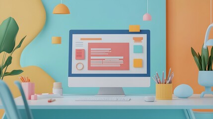 Poster - Modern Minimalist Desktop with Computer and Colorful Accents