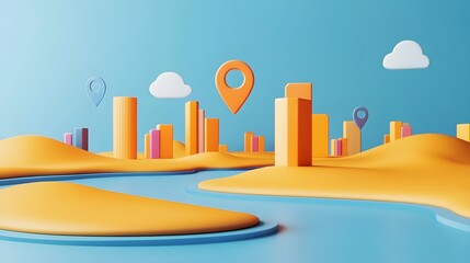 Poster - 3D Abstract Cityscape with Location Pin and Blue Water