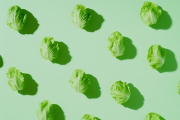 Poster - Bright Pastel Pattern of Fresh Green Lettuce with Soft Shadows on Light Green Background