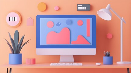 Poster - Minimalist Desk Setup with Computer  Keyboard  and Plant