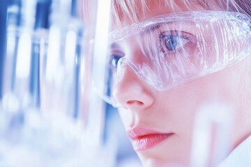 Poster - Focused Female Scientist in High-Tech Laboratory, Wearing Safety Goggles, Studying Samples with Determination