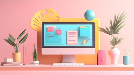 Poster - Minimalist Workspace with Computer  Plants and Desk Accessories