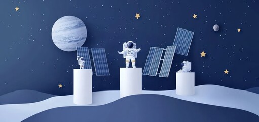 Wall Mural - a whimsical space scene featuring an astronaut and satellites against a cosmic backdrop.